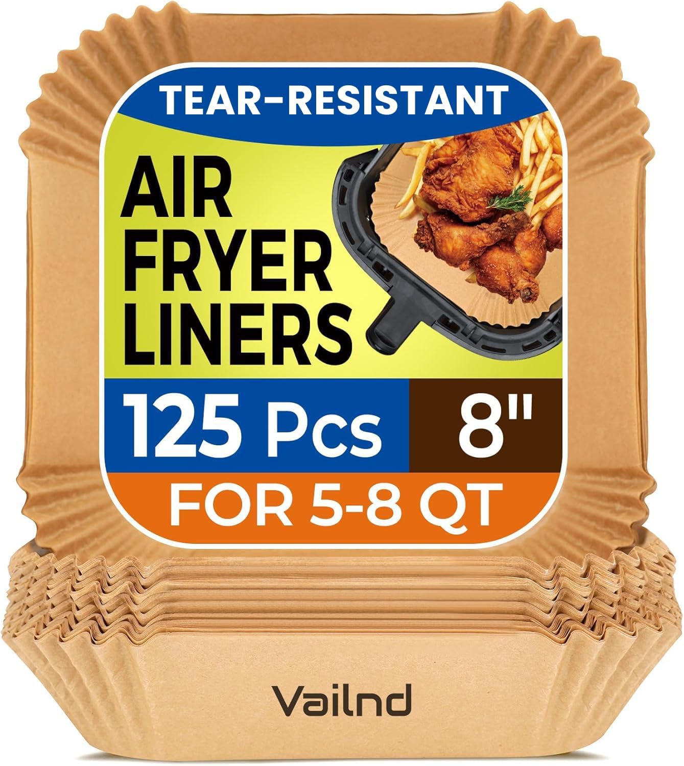 Air Fryer Paper Liners, 125Pcs Parchment Paper, Air Fryer Liners Disposable for Microwave, Non-Stick Air Fryer Liner Square Free of Bleach (8IN) - Food Cooking Use