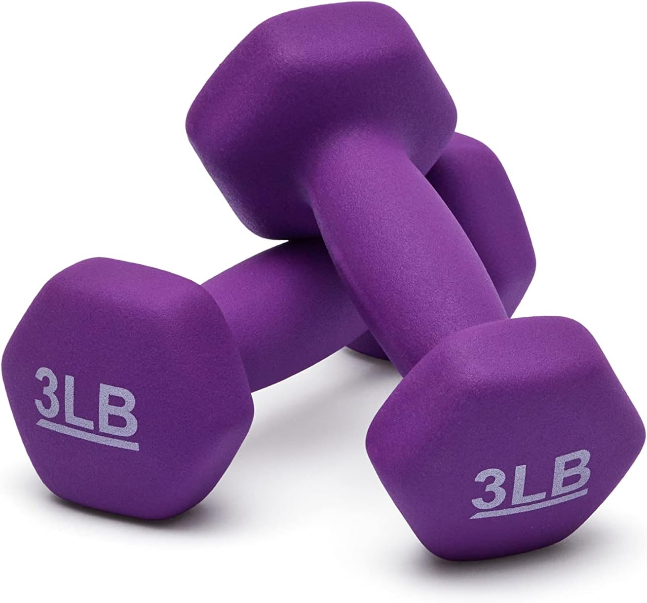 Amazon Basics Neoprene Dumbbells pair in vibrant purple showcasing hex shaped ends