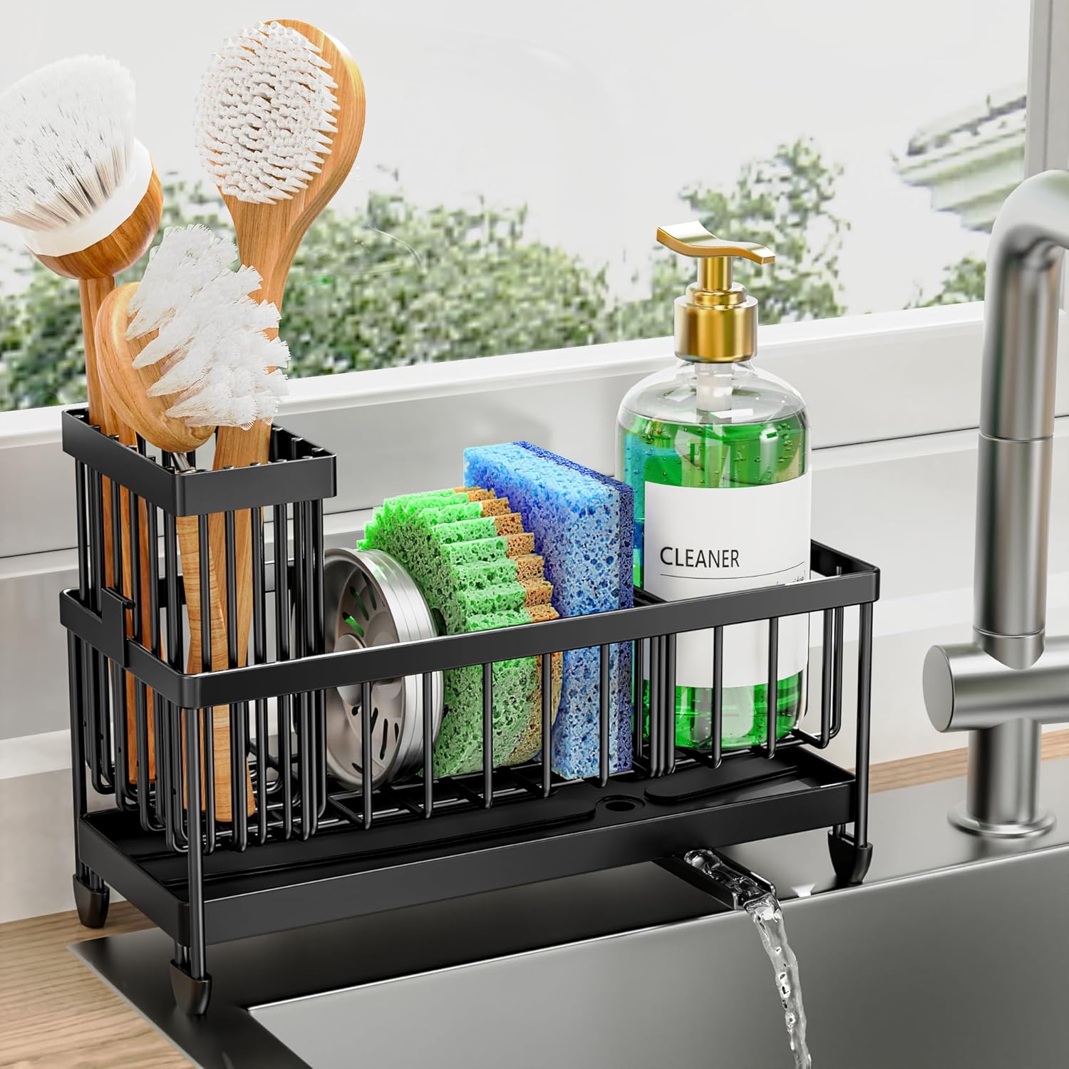 Cisily Sponge Holder for Kitchen Sink showing full compartments and spout drainage