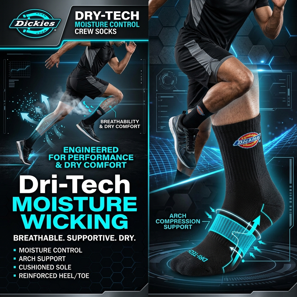 Dickies Men's Dri-Tech Essential Moisture Control Crew Socks, Available in M-XXL (6, 12 Pairs)