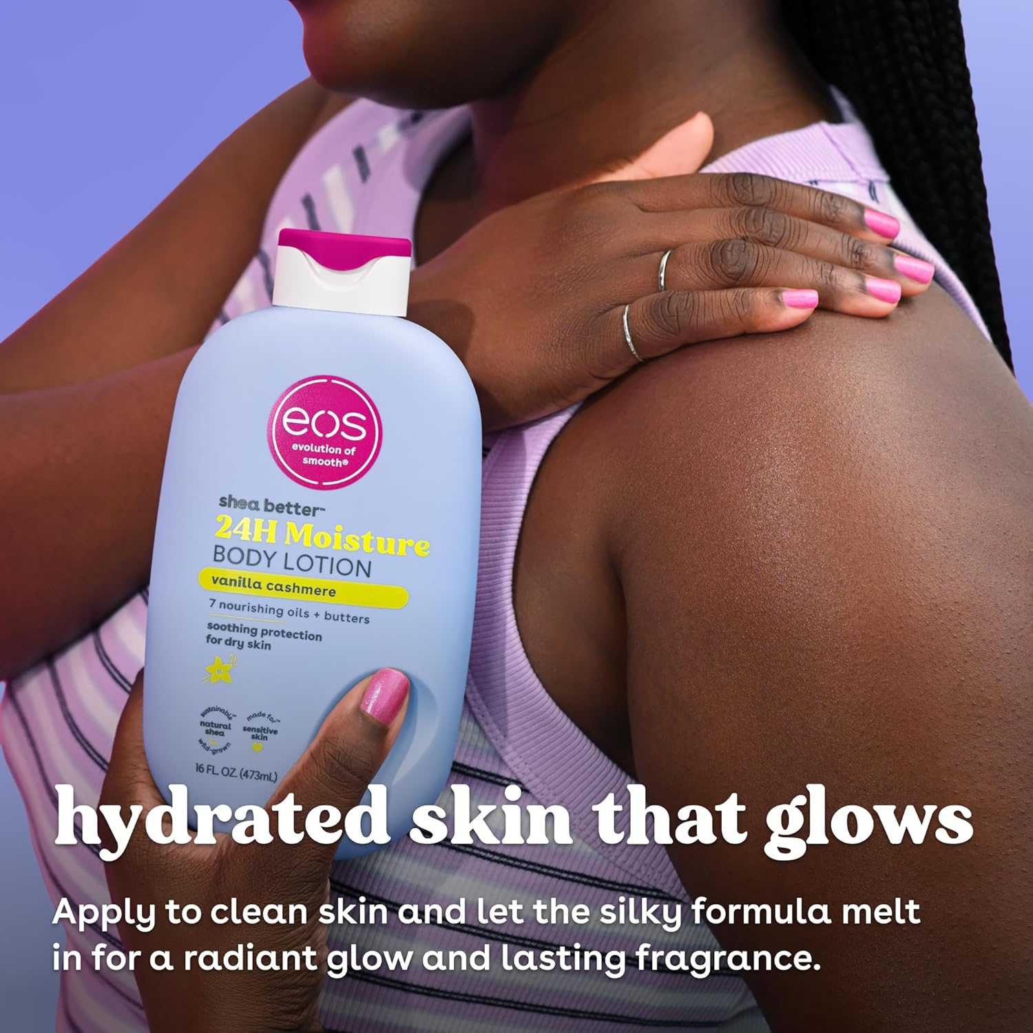 Applying eos Shea Better Body Lotion Vanilla Cashmere on smooth glowing skin