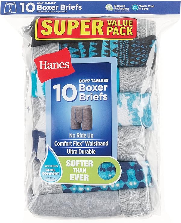 Hanes Boys' Boxer Briefs, Moisture-Wicking Underwear for Boys & Toddlers, Assorted, 10 or 12 Pack - Construction Details Close-up view