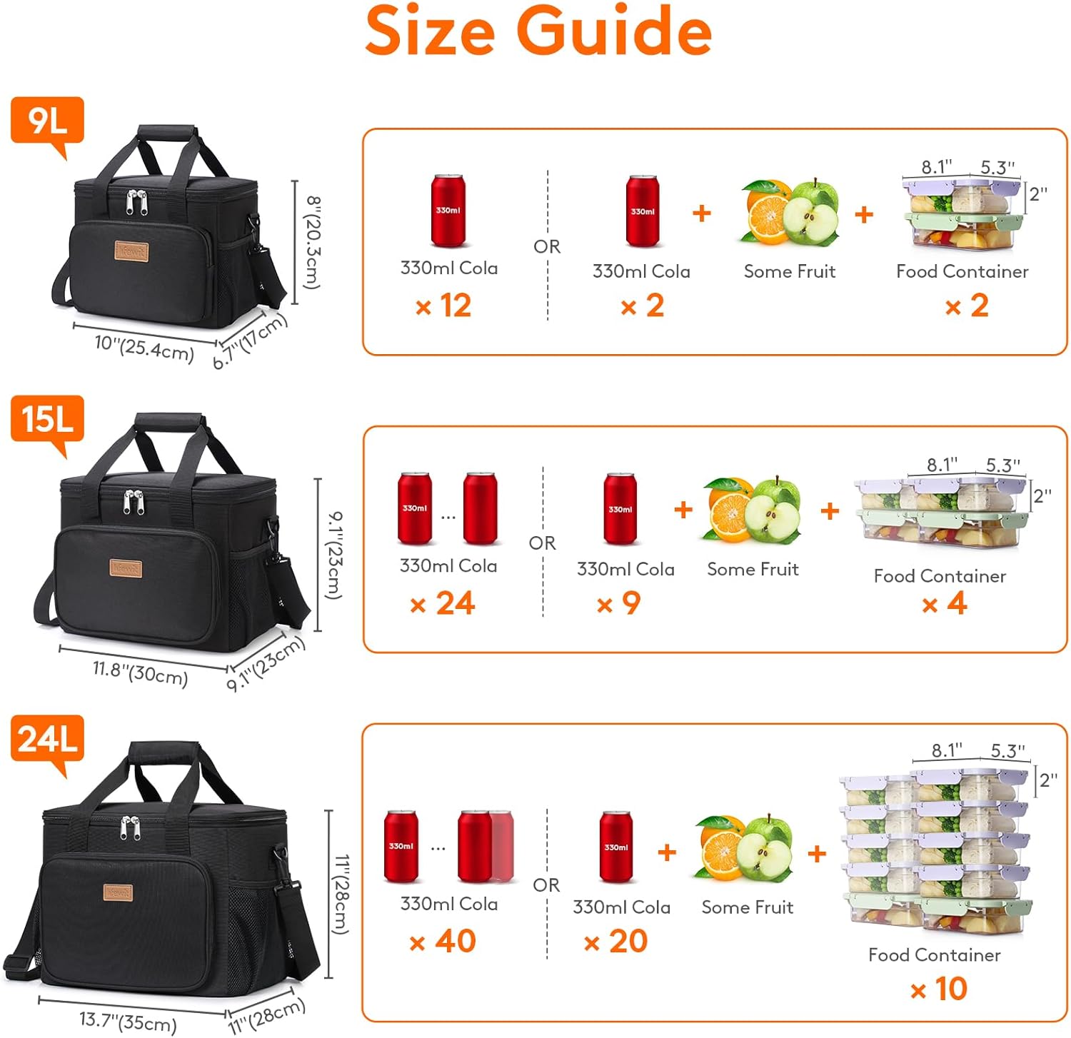 Lifewit Medium Lunch Bag 9L Size Guide Diagram