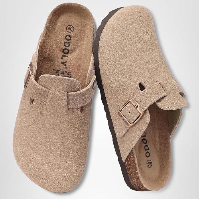 ODOLY Genuine Suede Clogs Cork Footbed Cushioning