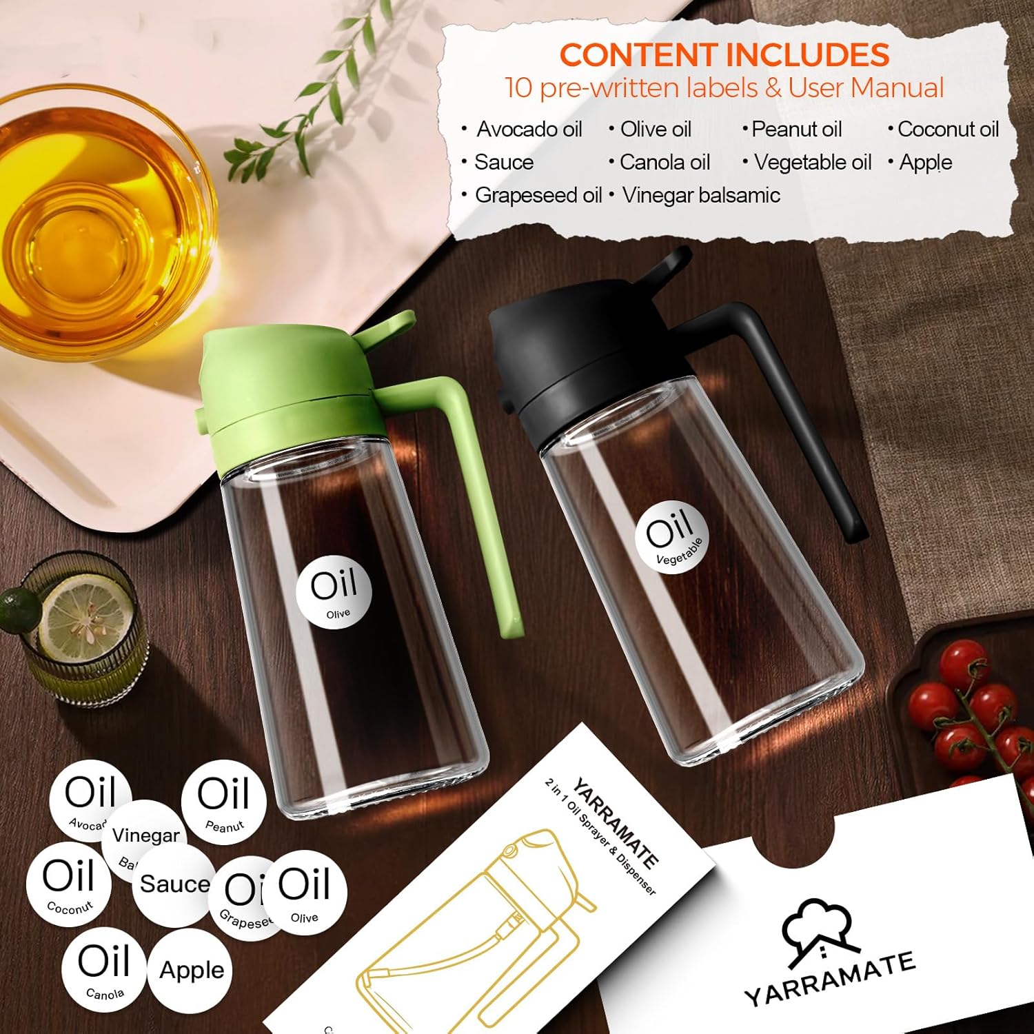 YARRAMATE 2-in-1 Glass Oil Sprayer with Stickers Organizing Labels