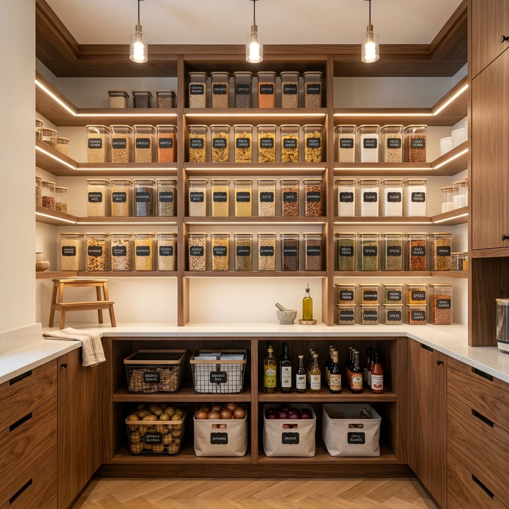 High-resolution diagram showcasing walk-in pantry shelving capacity and decanted food containers placement.