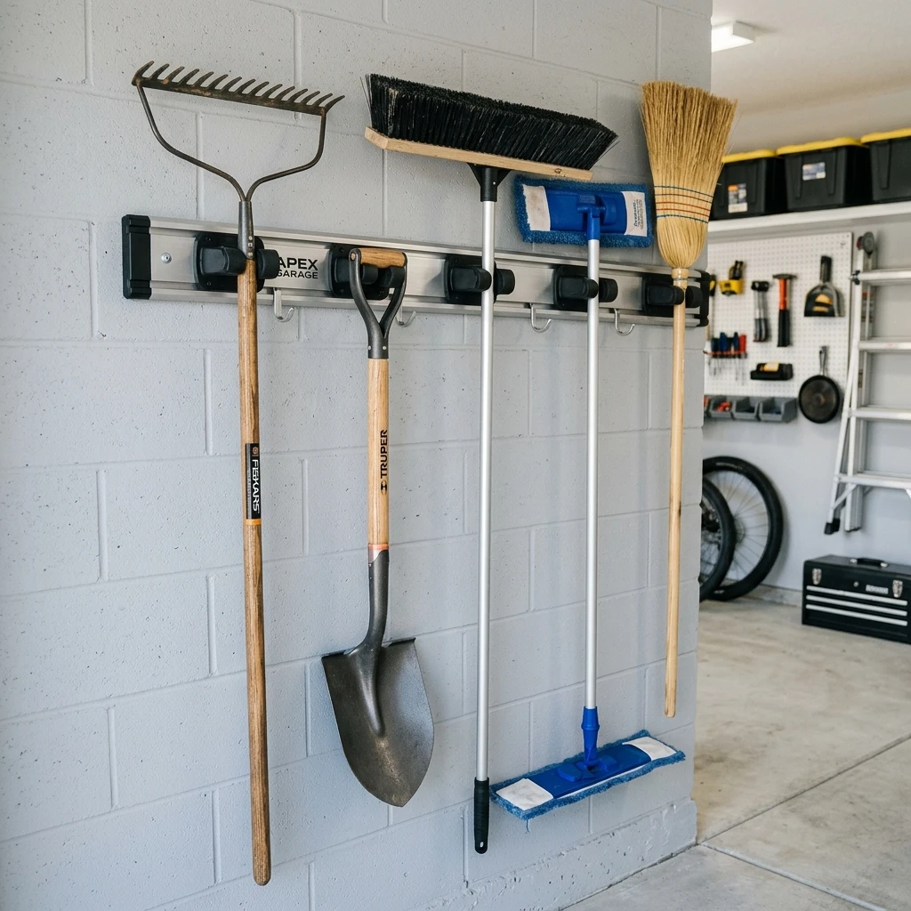 High-resolution diagram illustrating wall-mounted heavy-duty mop and broom garden tool organizer layout.