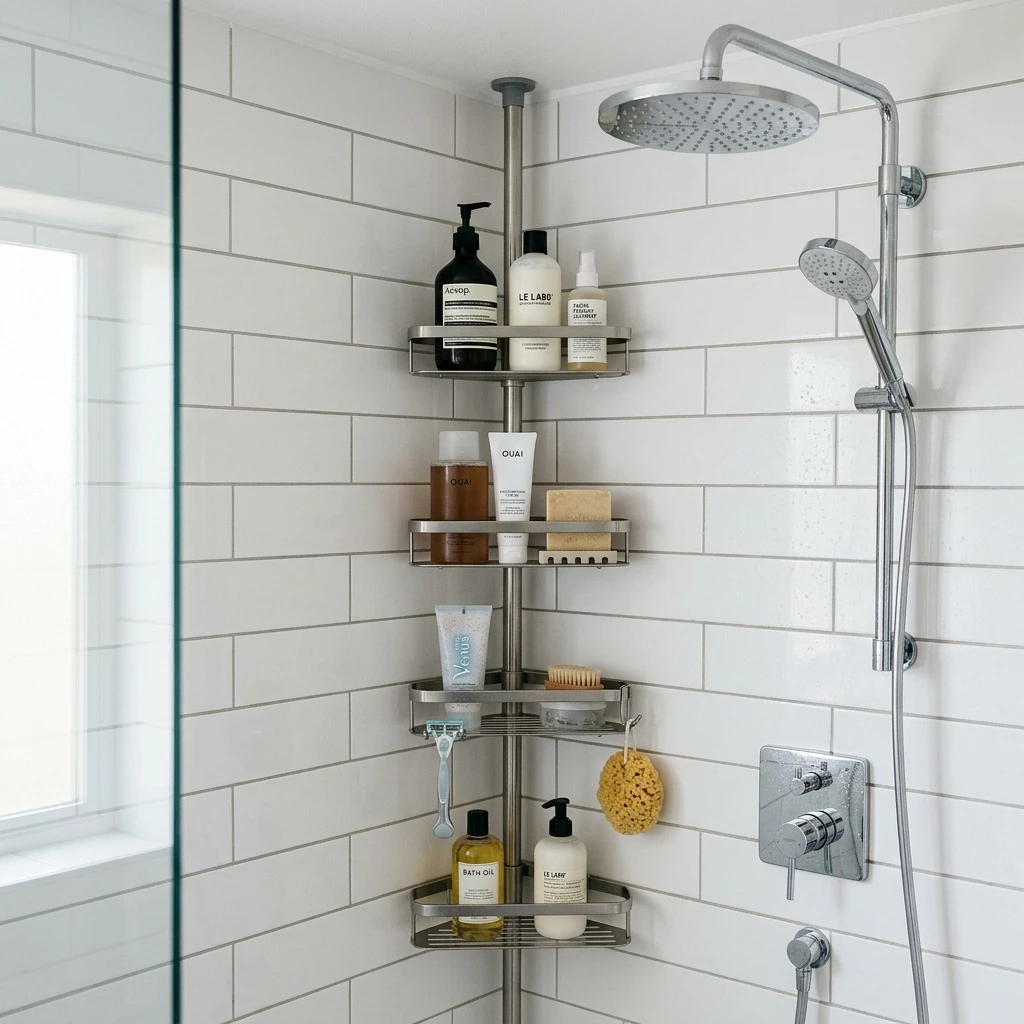 High-resolution diagram illustrating corner shower caddy shelving rustproof tension pole layout.