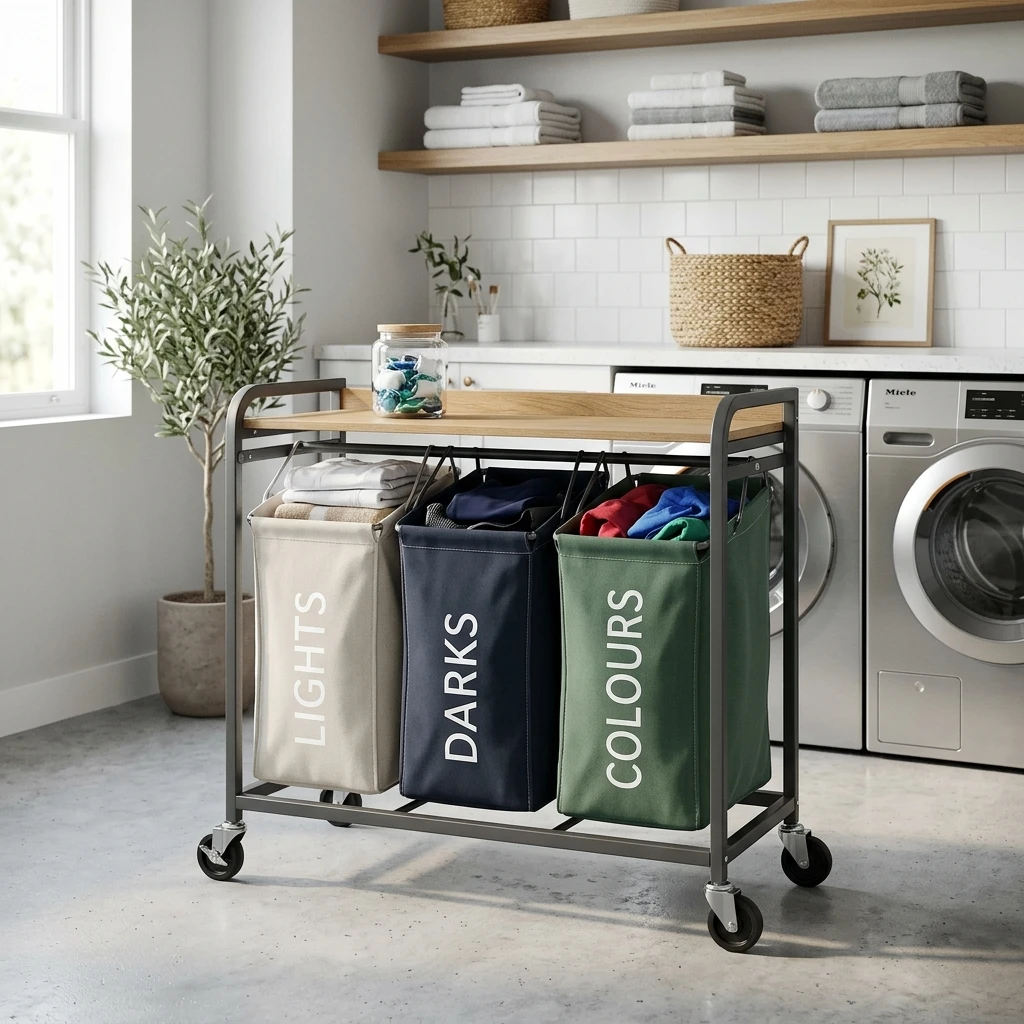 High-resolution diagram illustrating laundry room sorting rolling cart utility layout.