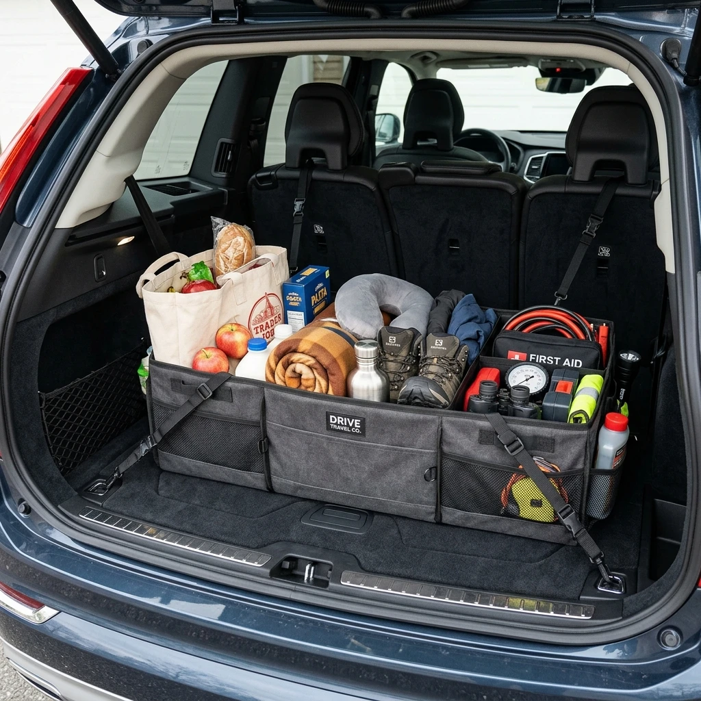 High-resolution diagram illustrating collapsible car trunk organizer straps stability setup.