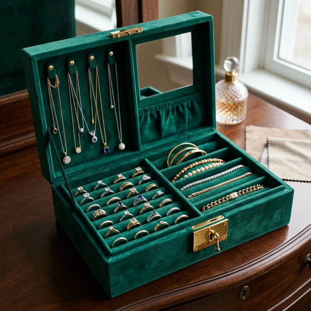 High-resolution diagram illustrating luxury lockable velvet jewelry box compartments layout.