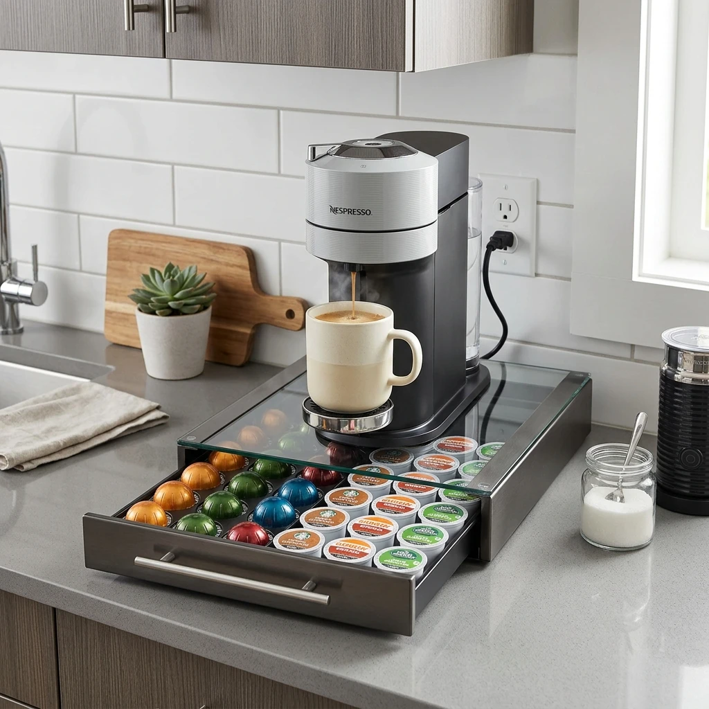 High-resolution diagram illustrating countertop coffee pod organizer drawer layout.