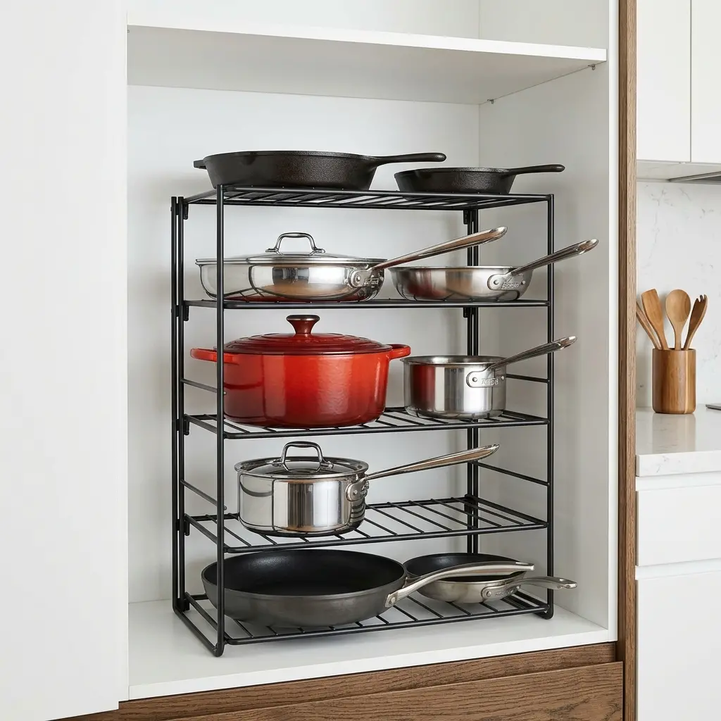 High-resolution diagram illustrating kitchen cabinet cookware organizer rack partition setup.