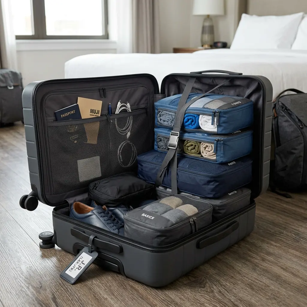 High-resolution diagram illustrating compression packing cubes space saving travel suitcase setup.