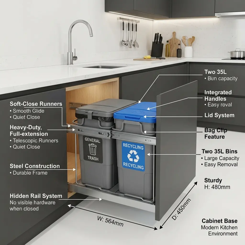 High-resolution diagram illustrating under-counter kitchen cabinet pull-out garbage bin layout.