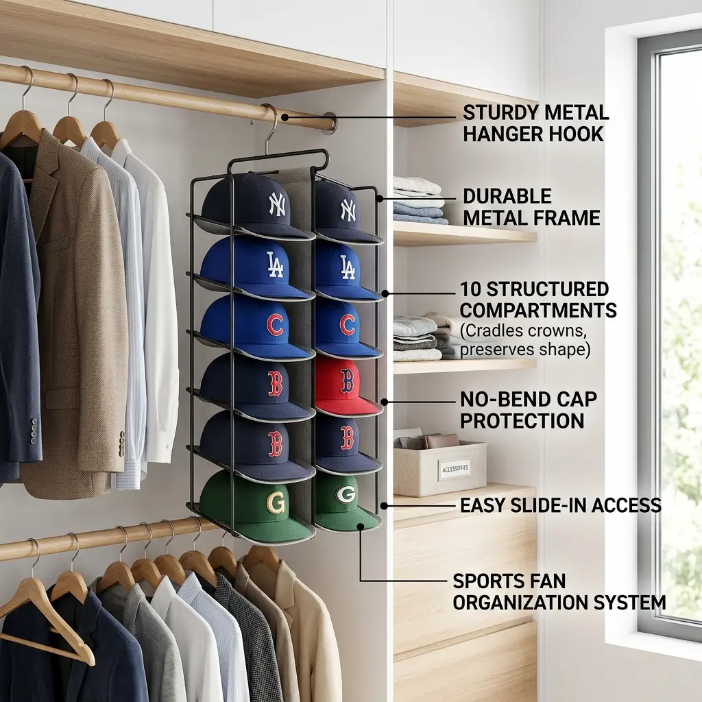 High-resolution diagram illustrating closet over the door hat holder hanging display organizer.