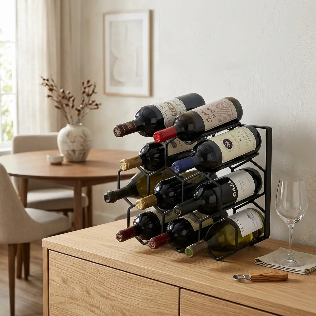 High-resolution diagram illustrating freestanding metal wine rack horizontal cell alignment.