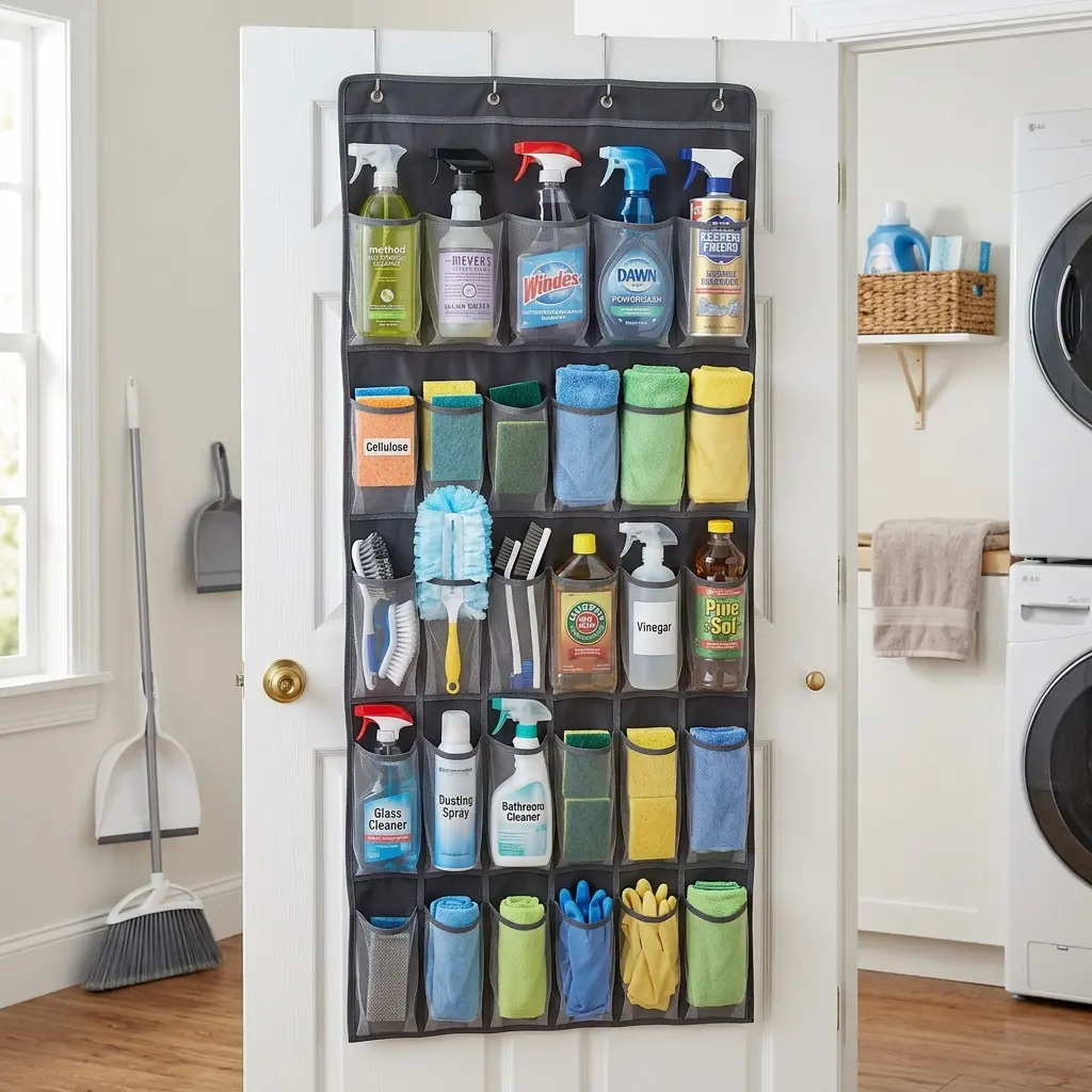 High-resolution diagram illustrating cleaning supplies over the door organizer pockets layout.