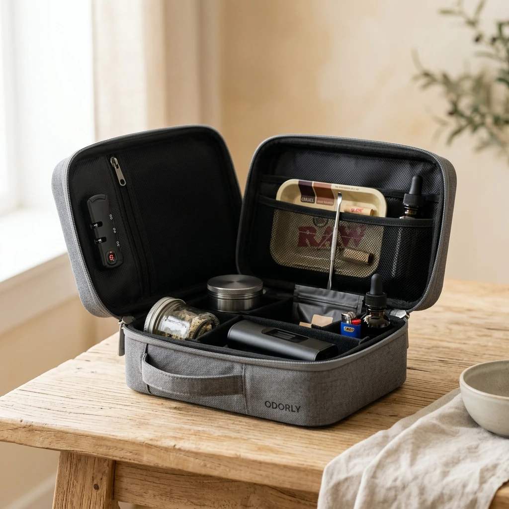 High-resolution diagram illustrating smell proof case with combination lock for holiday travel.