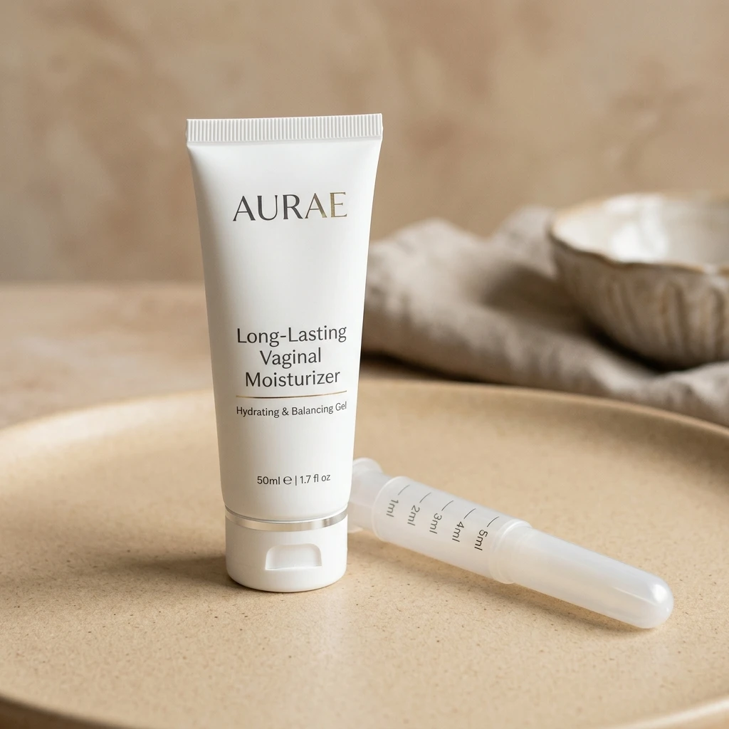 High-resolution diagram illustrating long-lasting vaginal moisturizer and comfort gel applicator.