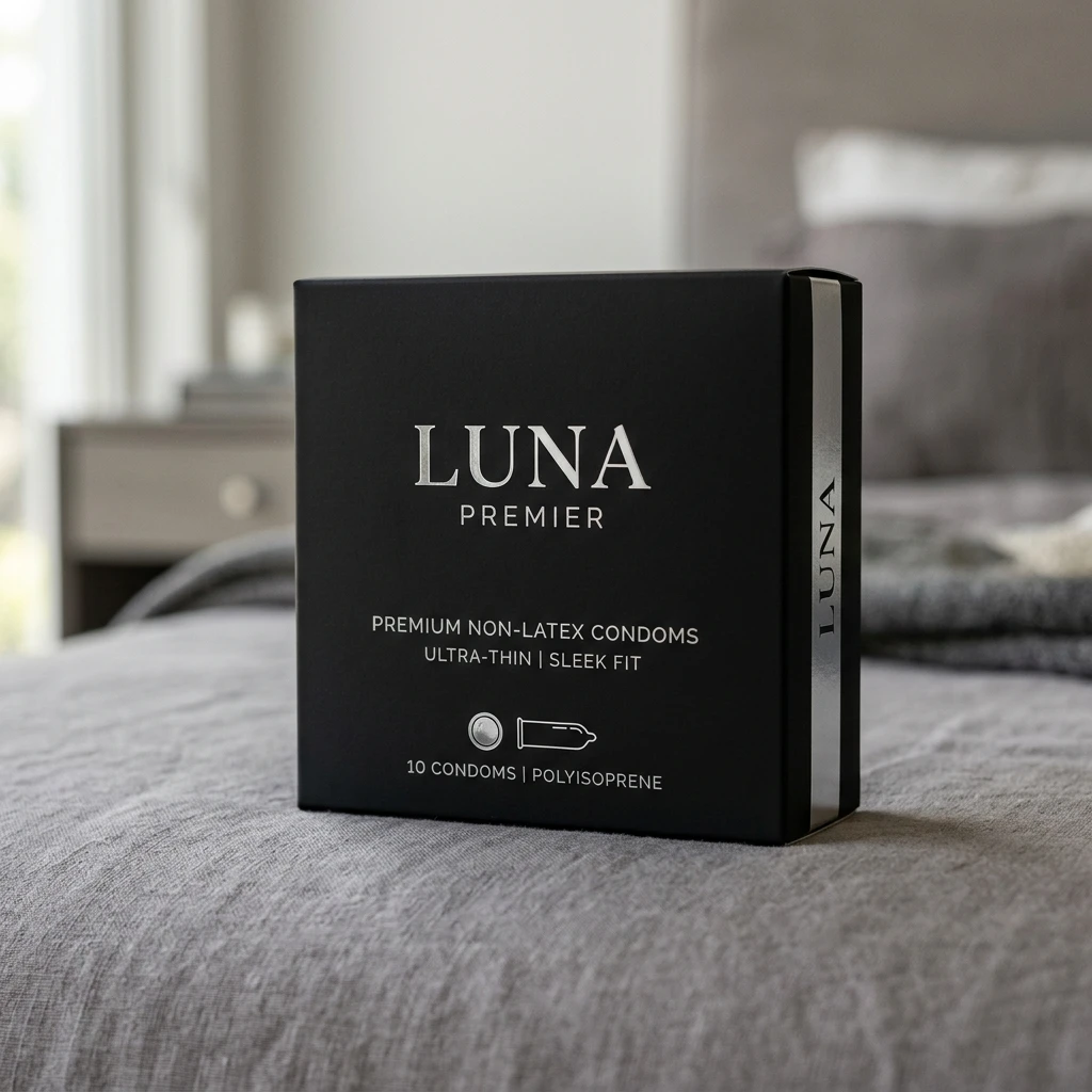 High-resolution diagram illustrating premium hypoallergenic non-latex condoms packaging design.