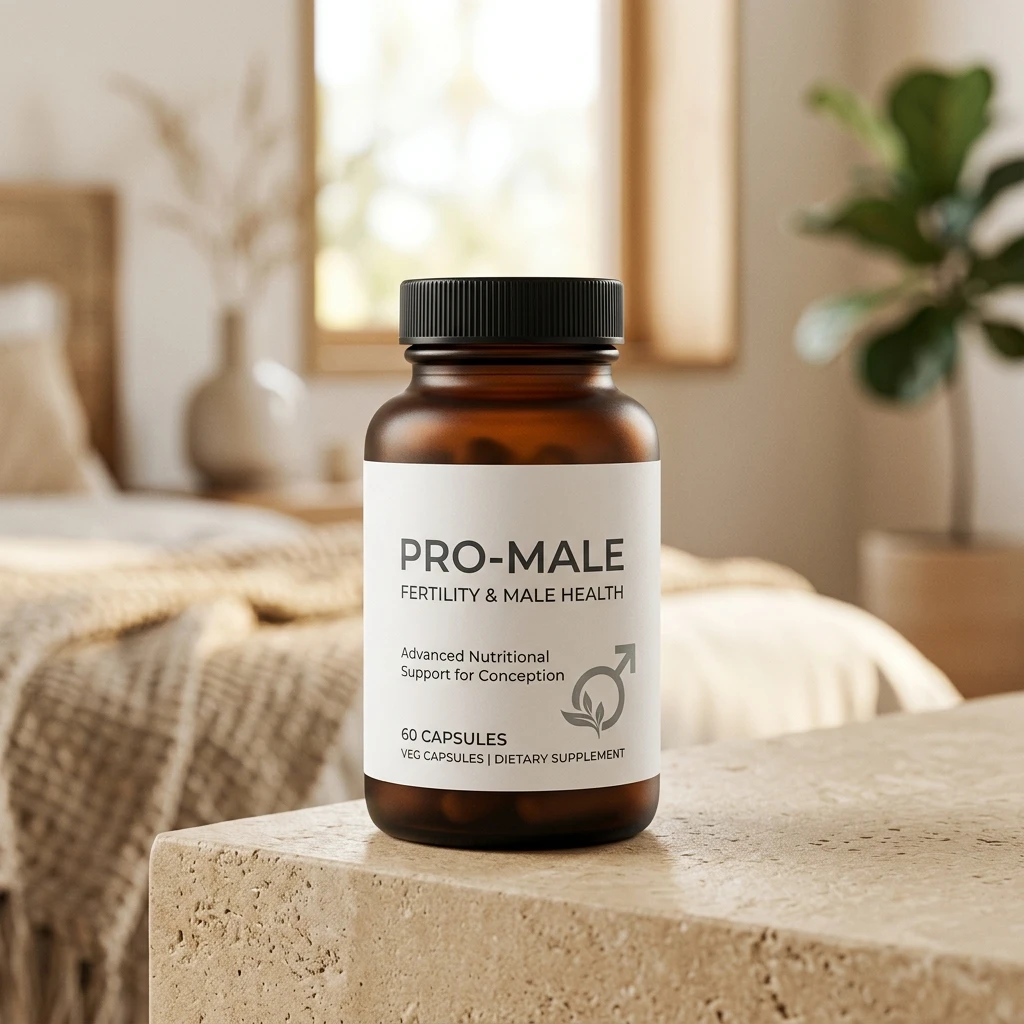 High-resolution diagram illustrating natural male fertility and sperm count booster supplement container.