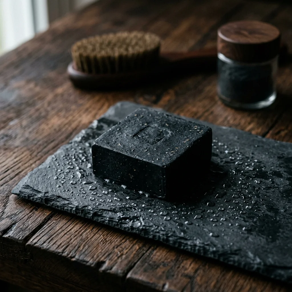 High-resolution diagram illustrating activated charcoal drawing organic toxins from skin pores.