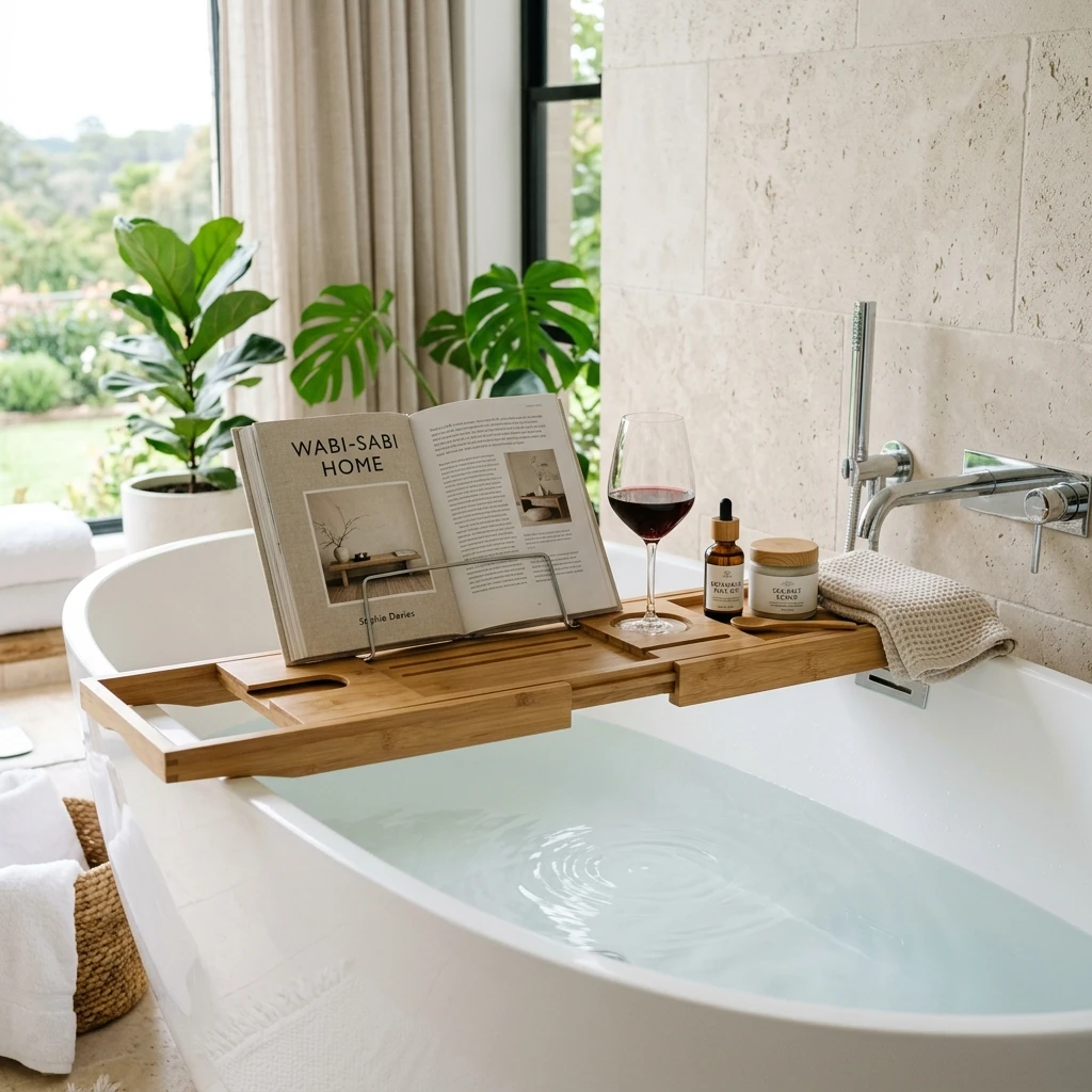 High-resolution diagram illustrating luxury bamboo caddy resting across a modern bathtub.