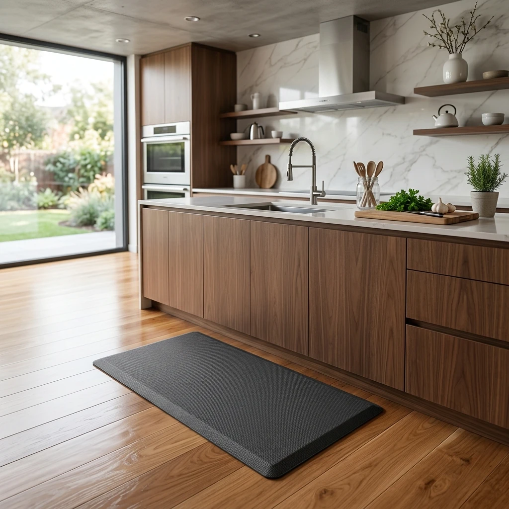 High-resolution diagram illustrating cushioned anti-fatigue kitchen mat reducing foot joint strain.