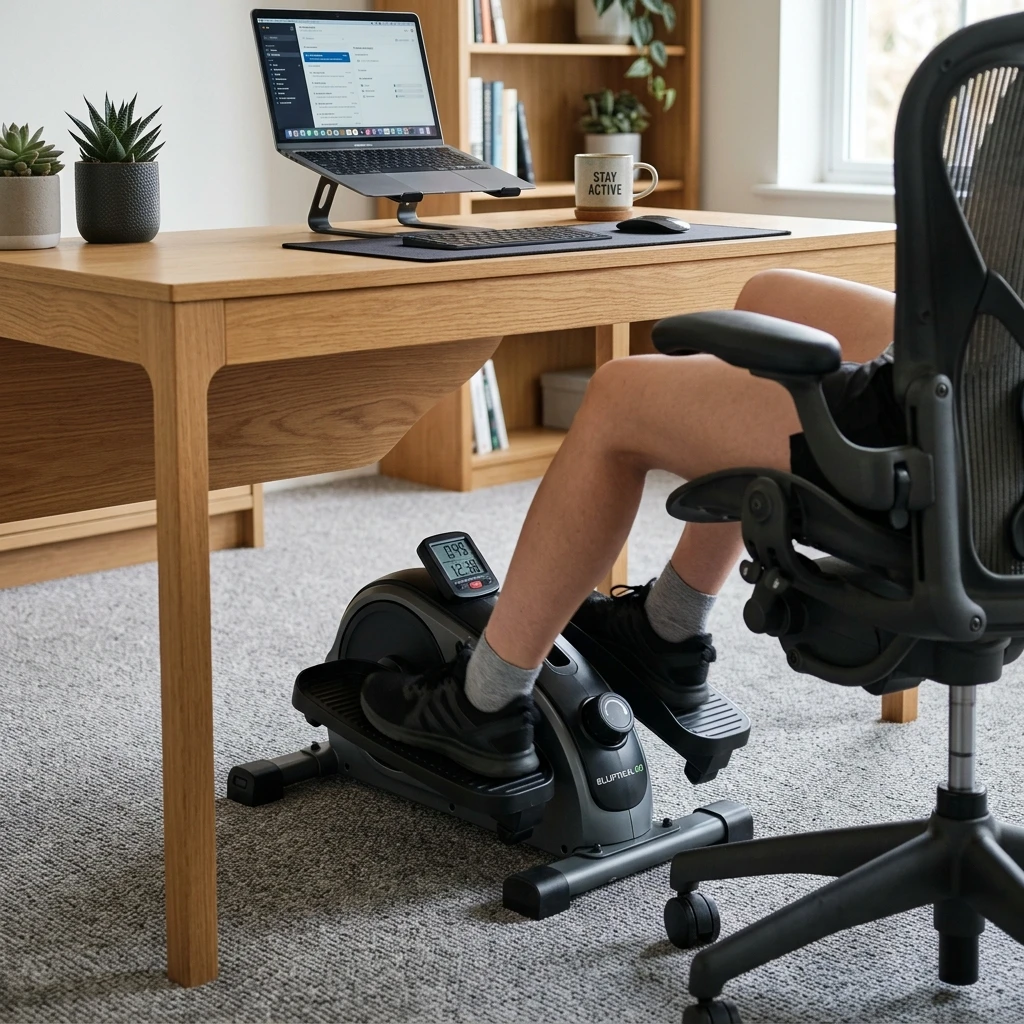 High-resolution diagram illustrating compact under-desk seated elliptical pedal exerciser.