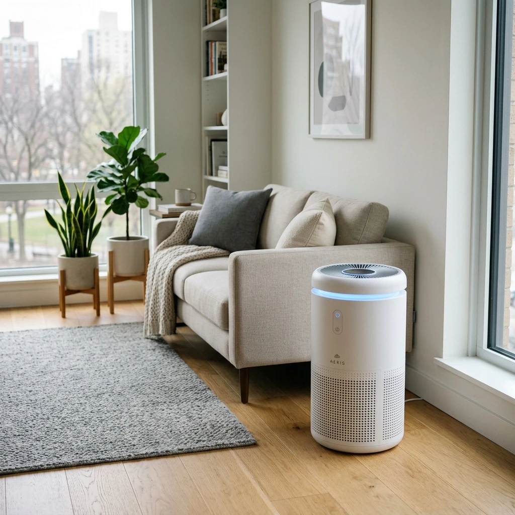High-resolution diagram illustrating cylindrical air purifier with blue LED ambient glow.