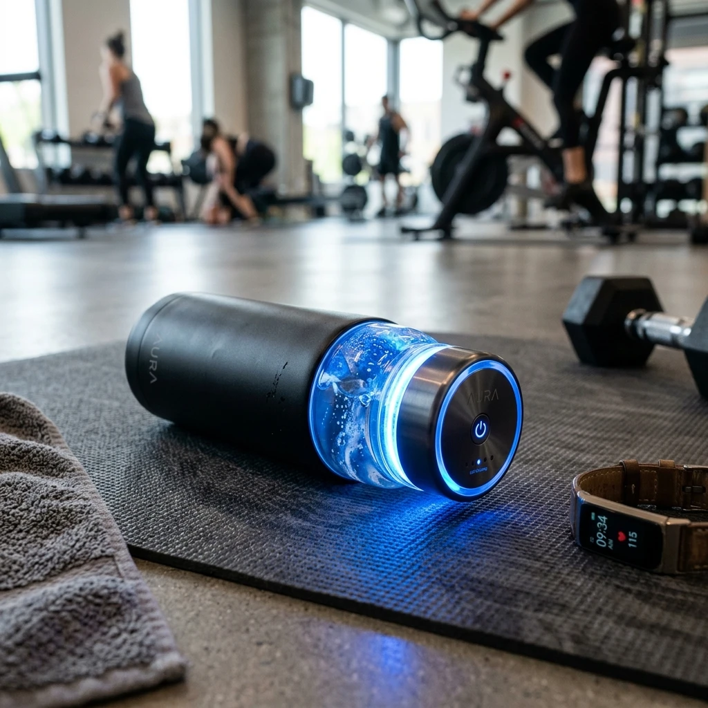 High-resolution diagram illustrating self-cleaning smart water bottle with blue UV-C light in cap.