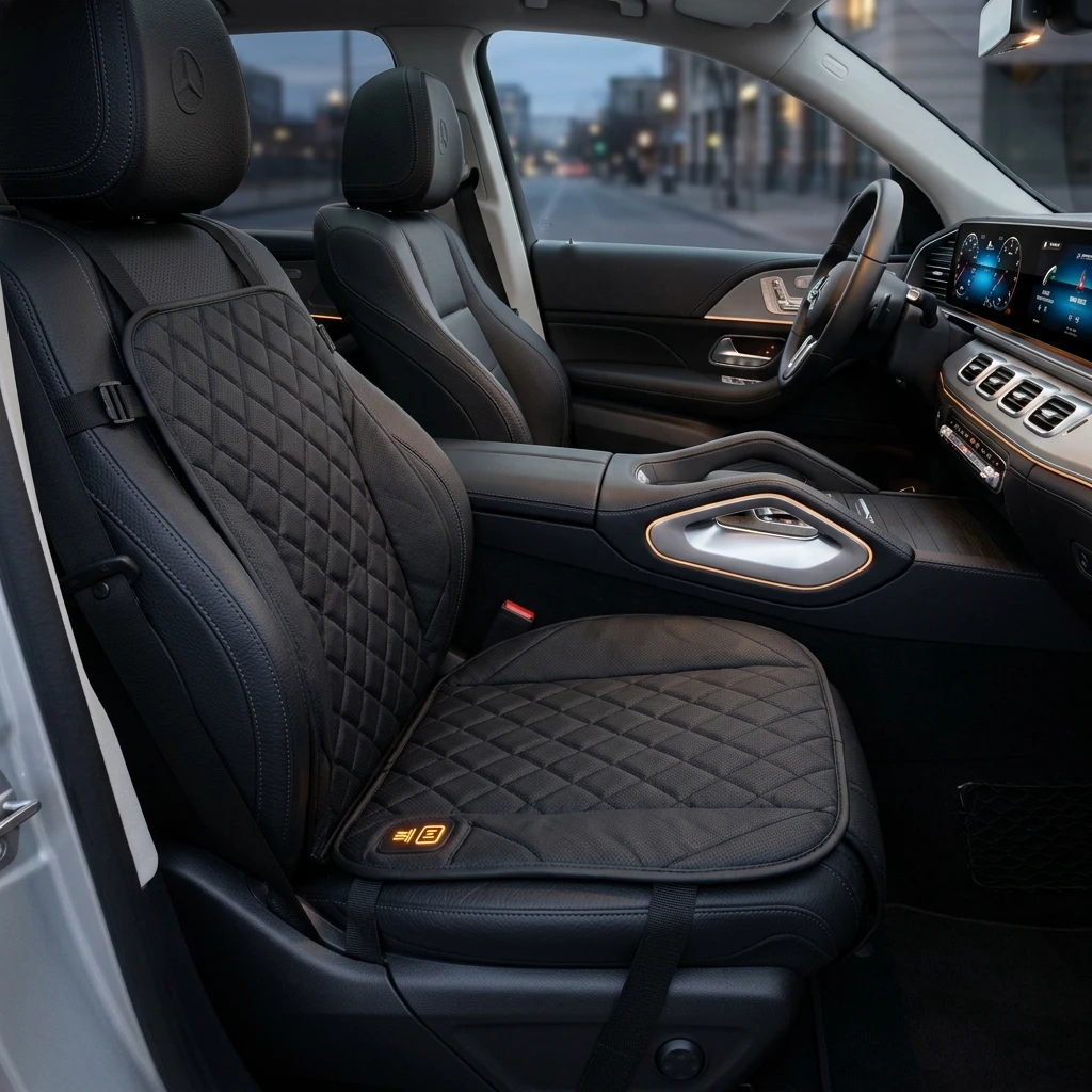 High-resolution diagram illustrating heated car seat cushion with temperature controls.