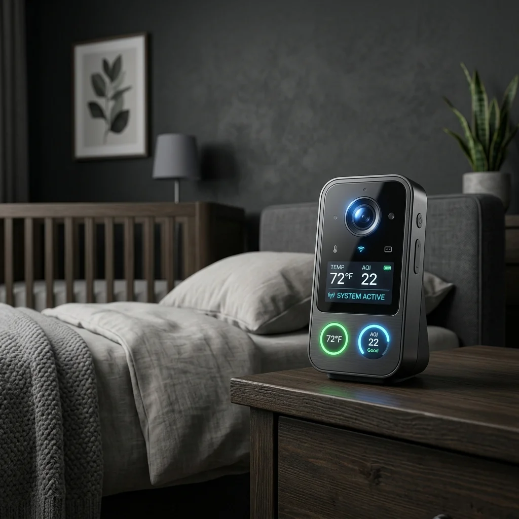 High-resolution diagram showing a smart baby monitor detecting room temperature and air quality.