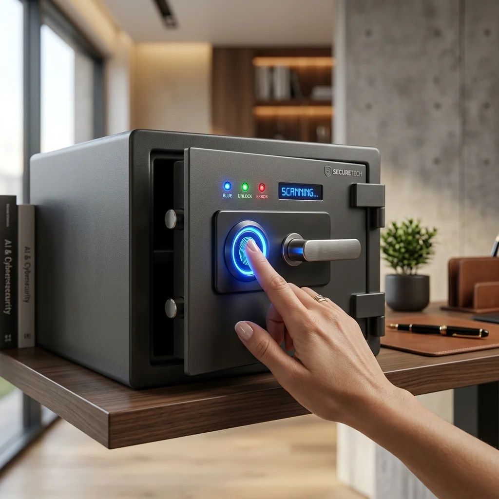 High-resolution diagram showing a premium biometric home safe with quick-access scanner.