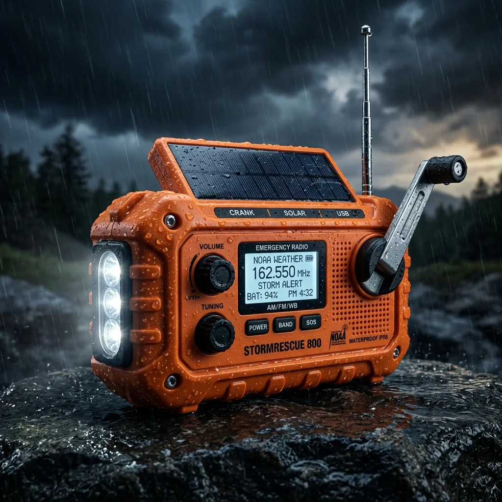 High-resolution diagram showing a solar/crank NOAA weather alert radio with USB charger.