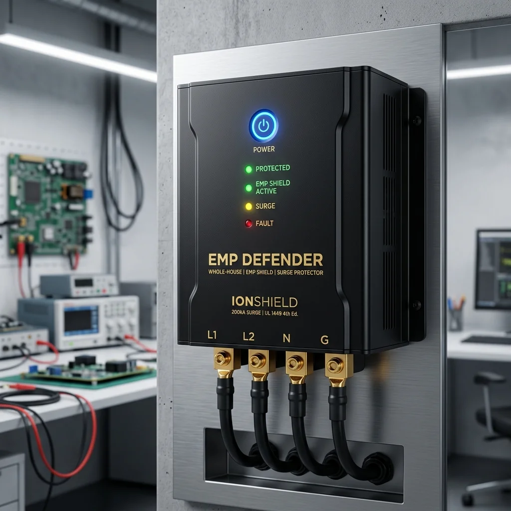 High-resolution diagram showing an EMP shield whole-house surge protector device.