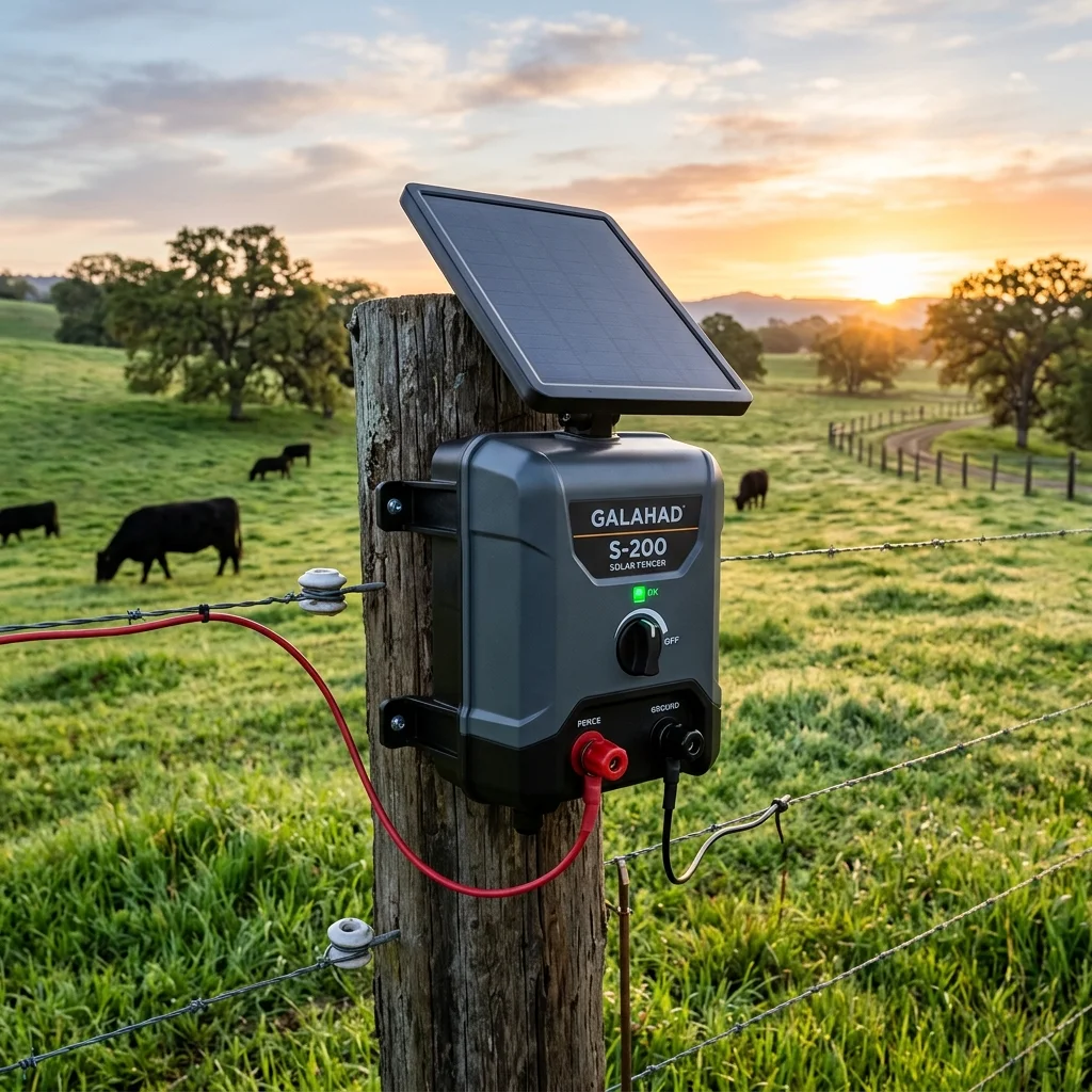 High-resolution diagram showing a solar electric fence charger installed on a pasture post.