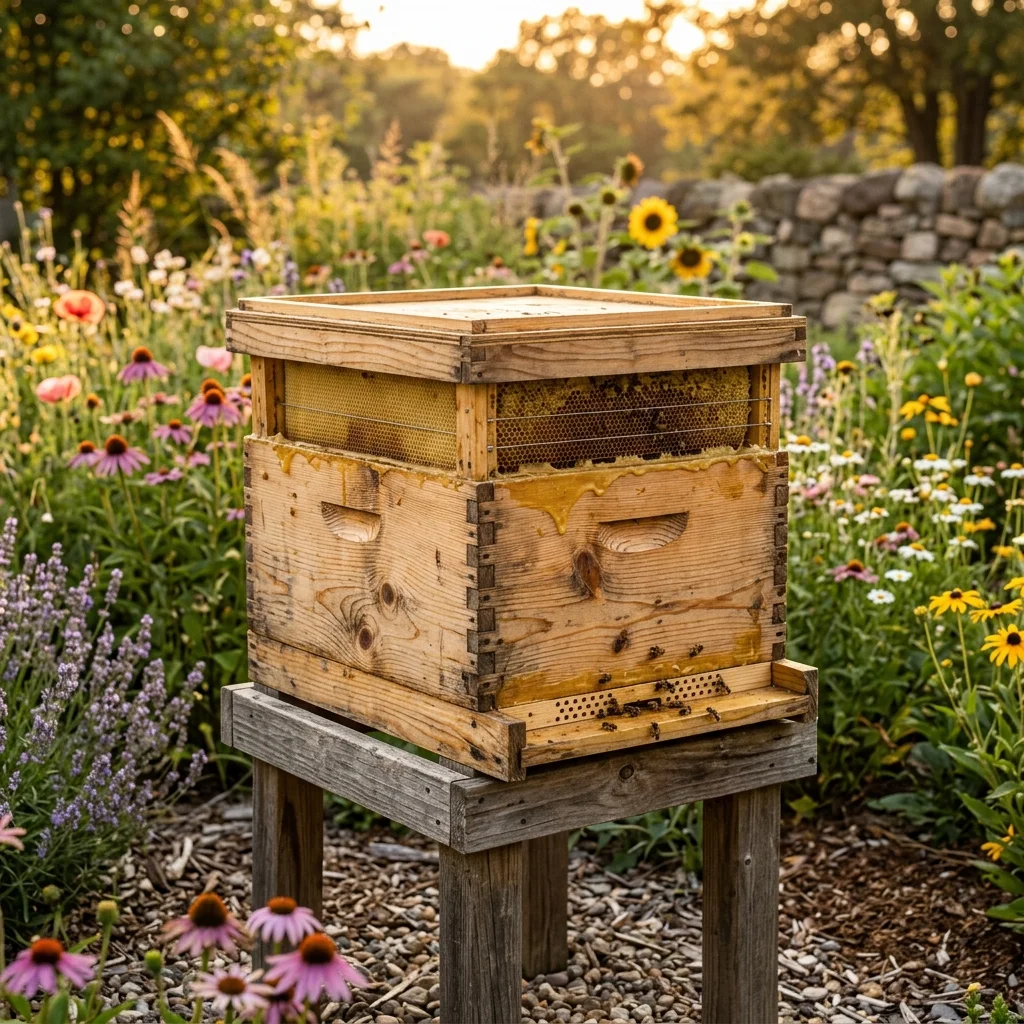 High-resolution diagram showing a complete beeswax-dipped Langstroth wooden beehive.