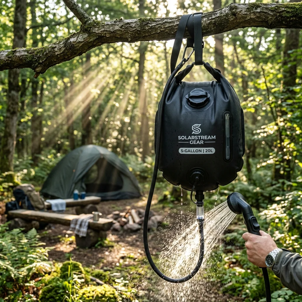 High-resolution diagram showing a 5-gallon solar shower bag hanging from a tree branch.