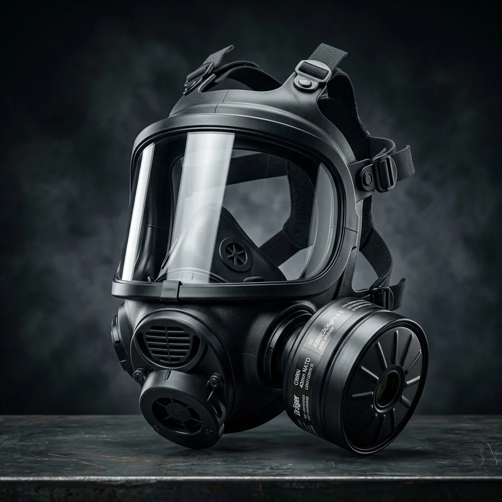 High-resolution diagram showing a full-face tactical gas mask respirator.