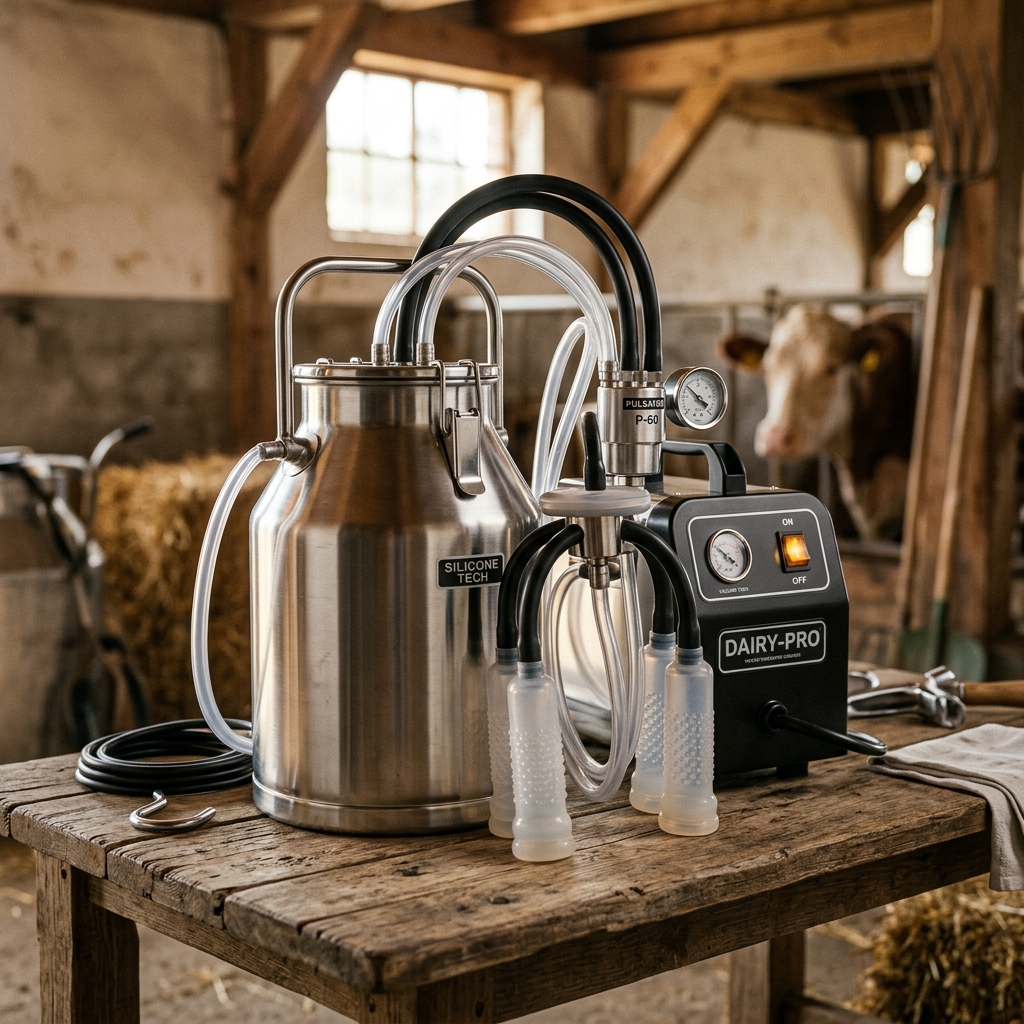 High-resolution illustration showing a portable electric milking machine with stainless steel bucket.