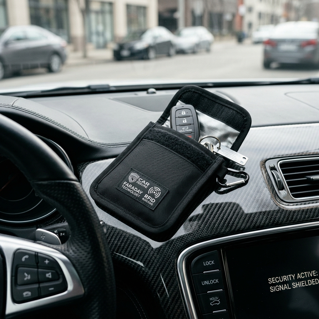 High-resolution diagram illustrating Faraday bag blocking RF signals for keyless car remotes.