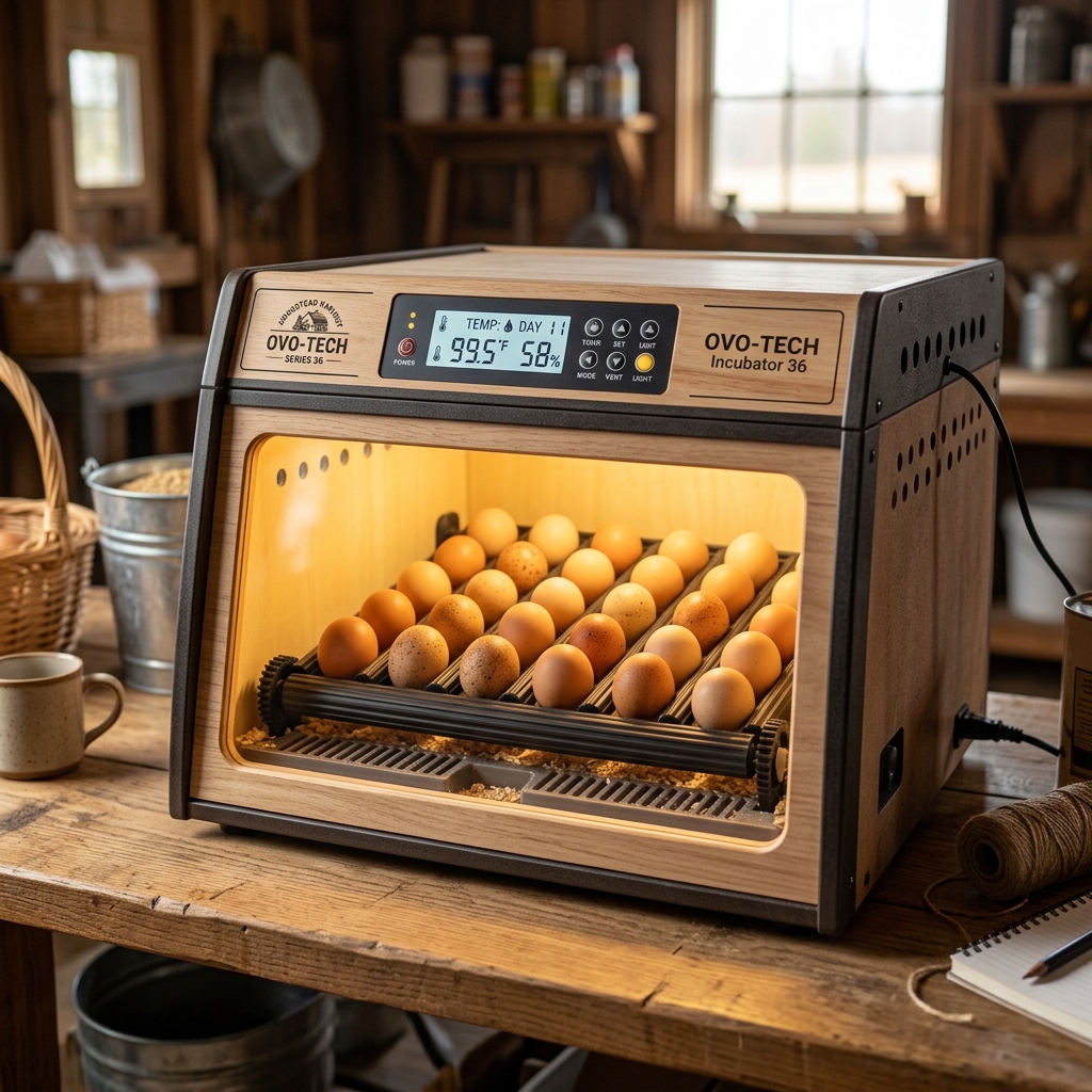High-resolution diagram showing an automatic egg incubator with digital temperature and humidity display.