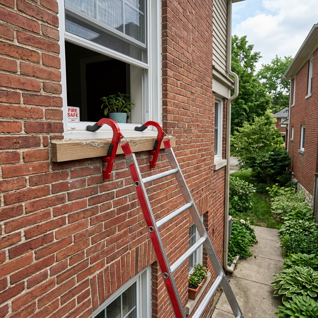 High-resolution diagram showing a portable fire escape ladder deploying from a window sill.