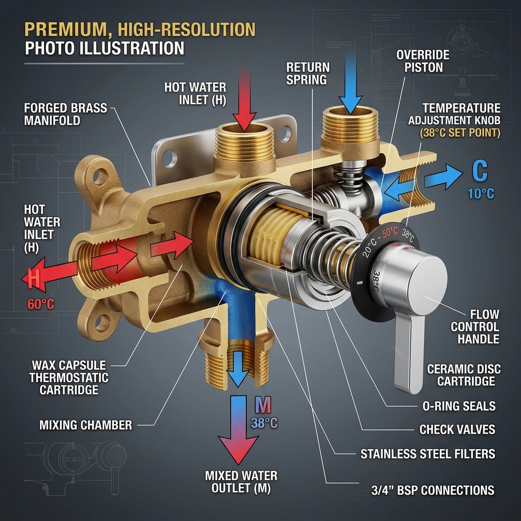 High-resolution diagram illustrating a thermostatic anti-scald mixing valve with temperature limits.