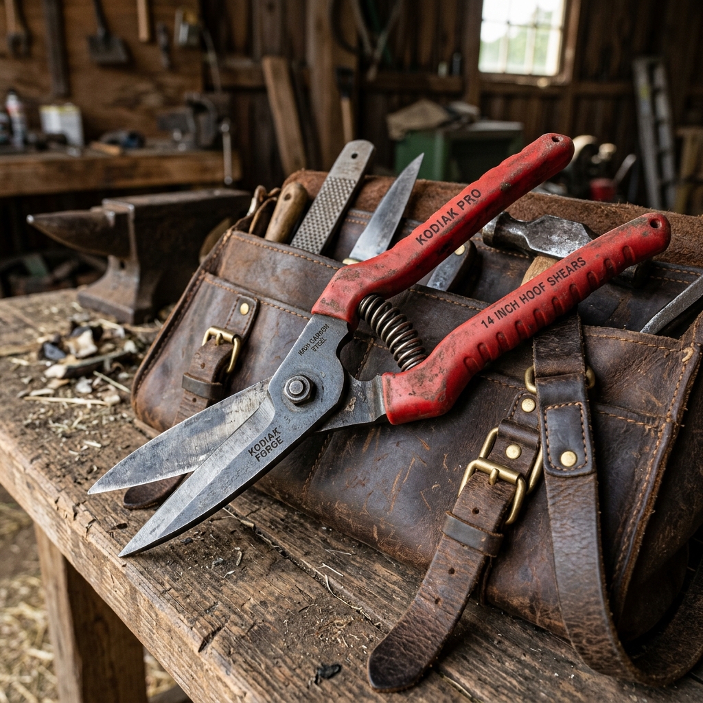 High-resolution diagram showing heavy-duty livestock hoof trimming shears with carbon steel blades.