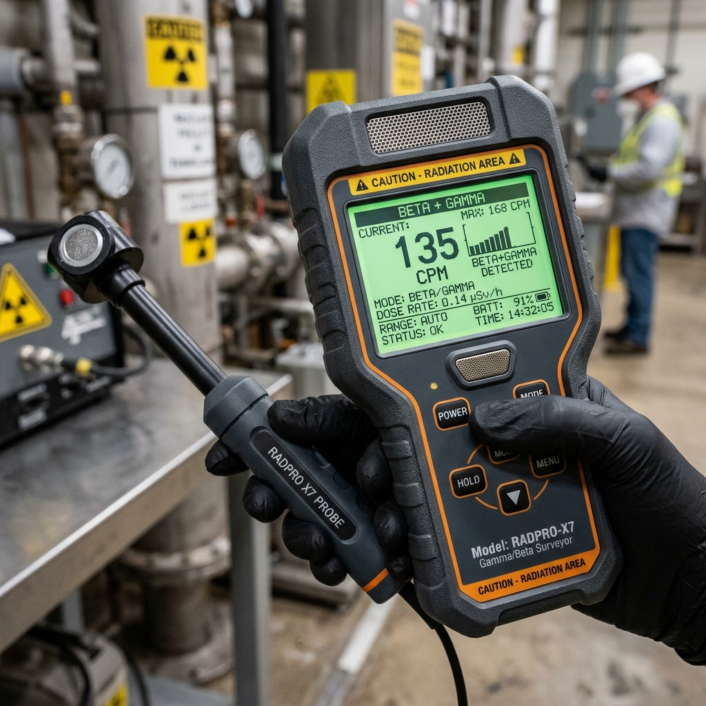 High-resolution diagram showing a handheld digital Geiger counter registering radiation levels.