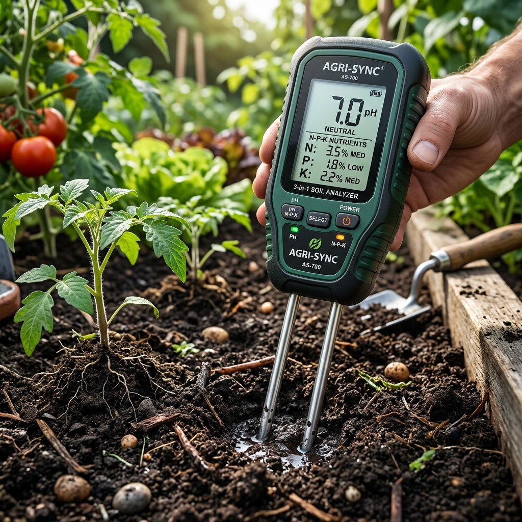 High-resolution diagram showing a soil testing kit with comparator boxes and testing probes.