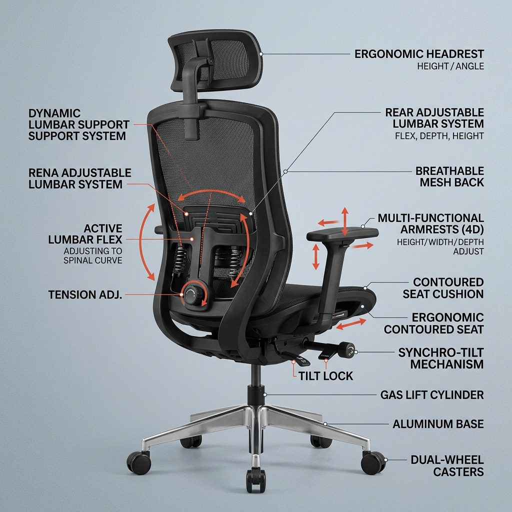 High-resolution photo illustration of an ergonomic office chair highlighting lumbar support areas.